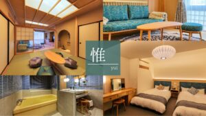 客室、シーティングエリア、バスルーム、ベッドのコラージュ