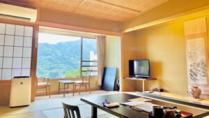 低いテーブルと窓際の椅子がある畳の客室