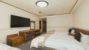 Twin beds in a guest room with TV and desk