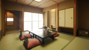 带矮桌和坐垫的榻榻米房间