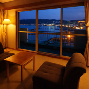 Vue nocturne sur le port à travers les grandes fenêtres de la chambre