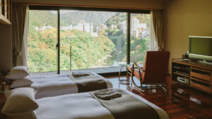 Twin beds by a window with mountain view
