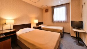 Lits jumeaux dans une chambre avec télévision