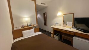 Letto singolo accanto a scrivania, specchio e televisore