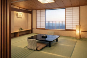 Tatami room with low table and floor chairs