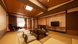 Tatami room with low table and floor cushions