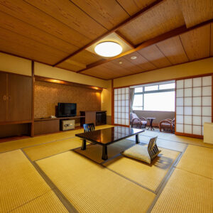 Tatami room with low table and floor cushions