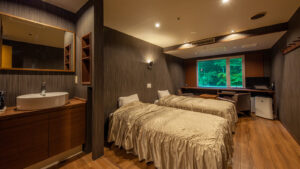 Twin beds in a guest room with sink area