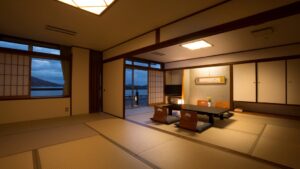 낮은 테이블과 좌식 의자가 있는 다다미방