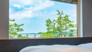 객실 창문에서 보이는 나무와 물 풍경
