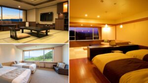 Collage di interni di camere con letti e area salotto in tatami