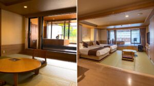 Camera in tatami con tavolino basso accanto a due letti singoli