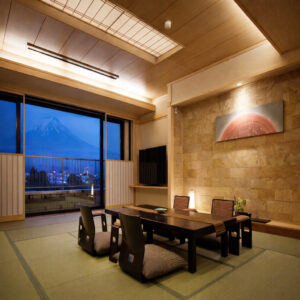 Zona de tatami con mesa baja y vista por la ventana