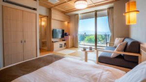 Beds and sofa in a tatami guest room