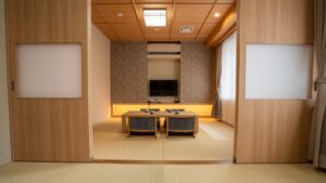 Tatami seating area with low table and chairs