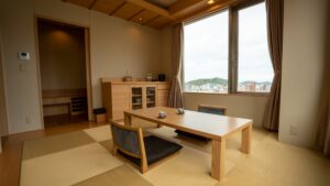 Tatami seating area with low table by window