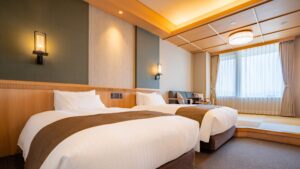 Twin beds in a ryokan guest room
