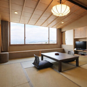 Tatami room with low table and floor chairs