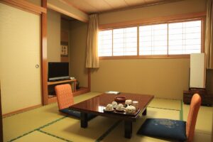 Tatami room with low table and floor cushions