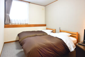 Two single beds with brown duvets in a room