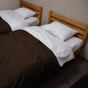 Two single beds with white pillows and brown duvets