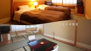 ベッドとくつろぎスペースのある客室のコラージュ