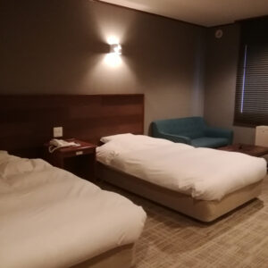 Deux lits jumeaux et un petit canapé dans la chambre