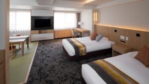 Twin beds in a modern guest room