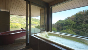 Private bath by window with forest view