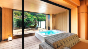 Private indoor bath beside terrace garden view