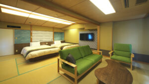 Twin beds in a tatami guest room with sofa seating