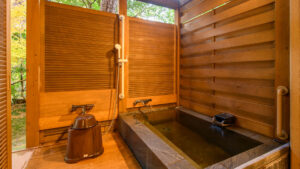 带露天景观的私人木质浴池和淋浴间