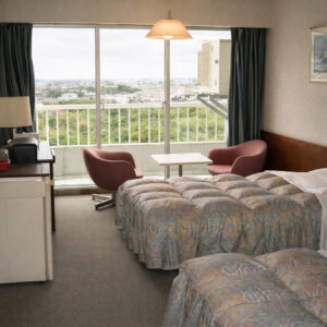 Twin beds beside chairs and a window view