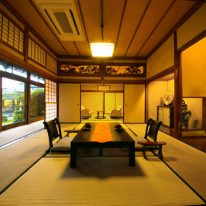 Tatami room with low table and floor chairs