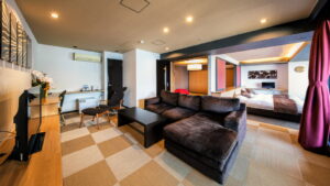 Living area with sofa and bed in guest room