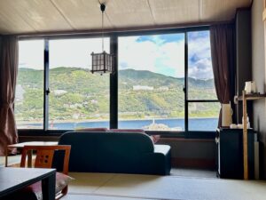 Mountain and water view through large room windows