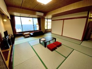 Tatami guest room with low table and window seating