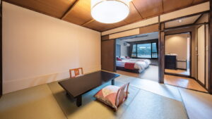 Tatami room with low table and floor cushions