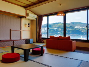 Tatami seating area with low table and sofa