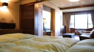 Twin beds in a ryokan guest room