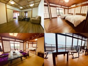 Collage aus Sitzbereich, Betten und Balkonblick im Gästezimmer