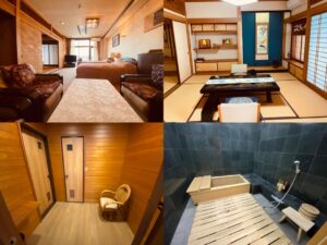 Collage aus Zimmer, Tatami-Bereich, Flur und Bad