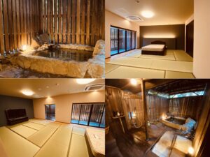 Collage aus Fotos eines Tatamizimmers und eines Privatbads