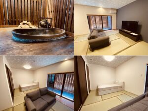 Collage aus Tatami-Zimmern und dekorativem Waschbecken