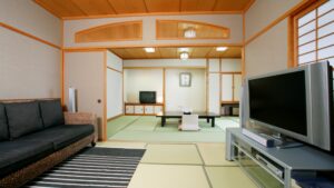 配有沙发、矮桌和电视的榻榻米客房