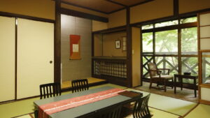 낮은 테이블과 창가 좌석이 있는 다다미방