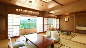 Tatami room with low table and floor chairs
