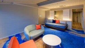 客室内のカーブしたソファ、アームチェア、デイベッド