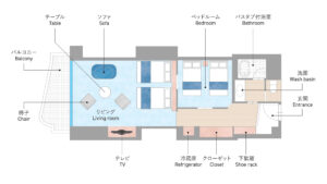家具とバスルームが記載された客室レイアウト平面図