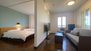 Schlafzimmer mit Bett, Sofa und Fernseher